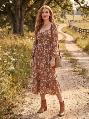 Land of the Free Free People Floral Sweetheart Midi Dress in Rust Brown